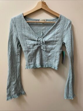 Derek Heart Light Blue Lace-Trim Cinch Front Long Sleeve Top
